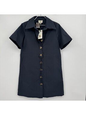 Tuckernuck Navy Drawstring Carson Shirt Dress size S Small Short Sleeve Buttons